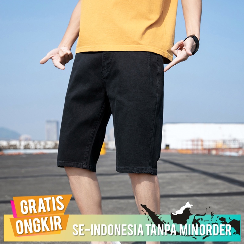 Celana Pria Keren 213   Murni Hitam Denim Celana Pendek Pria