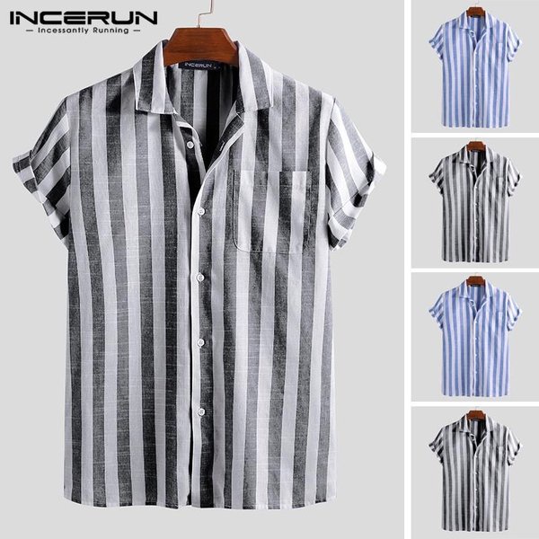 INCERUN Kaos T-Shirt Lengan Pendek Kerah Tegak Motif Garis Bahan Linen untuk Pria KEMEJA