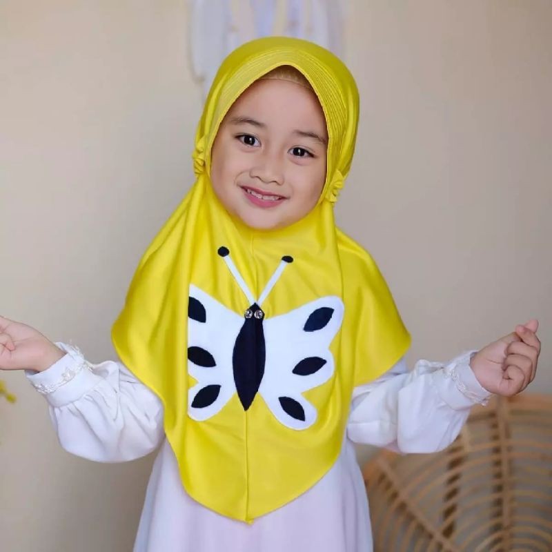 kerudung Devia Morif Kupu Kupu anak instant Premium 3th - 6 tahun terbaru | jilbab lucu bayi Perempuan sekolah tk 4 - 5 thn | hijab Tanggung baby sd bahan jersey lembut adem