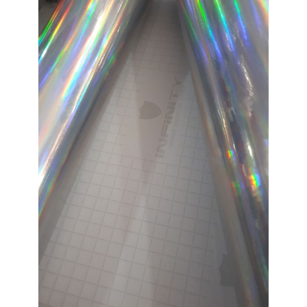 [ INFINITY LASER CHROME ] SKOTLET PUTIH HOLOGRAM PELANGI 45cm x 1meter