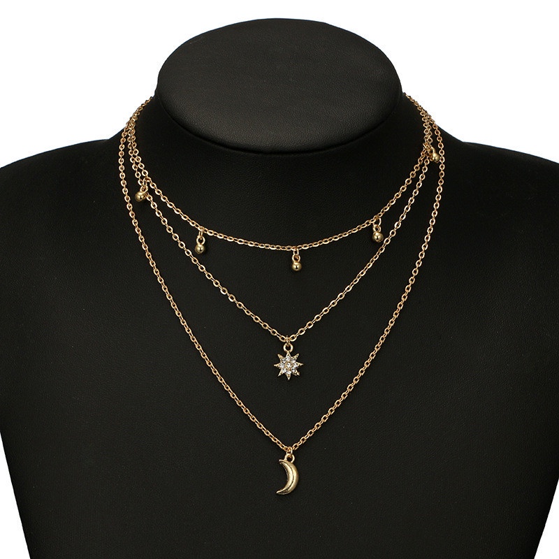 Set Kalung Multilayer Liontin Bulan Aksen Berlian Untuk Wanita