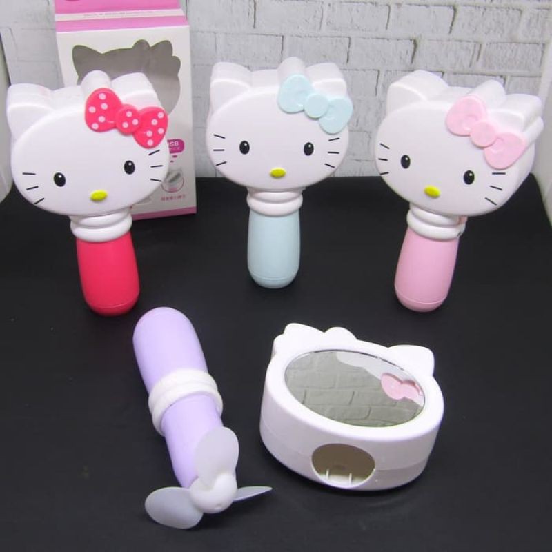 Kipas Tangan Portable Cermin Hello Kitty / Kipas Cas