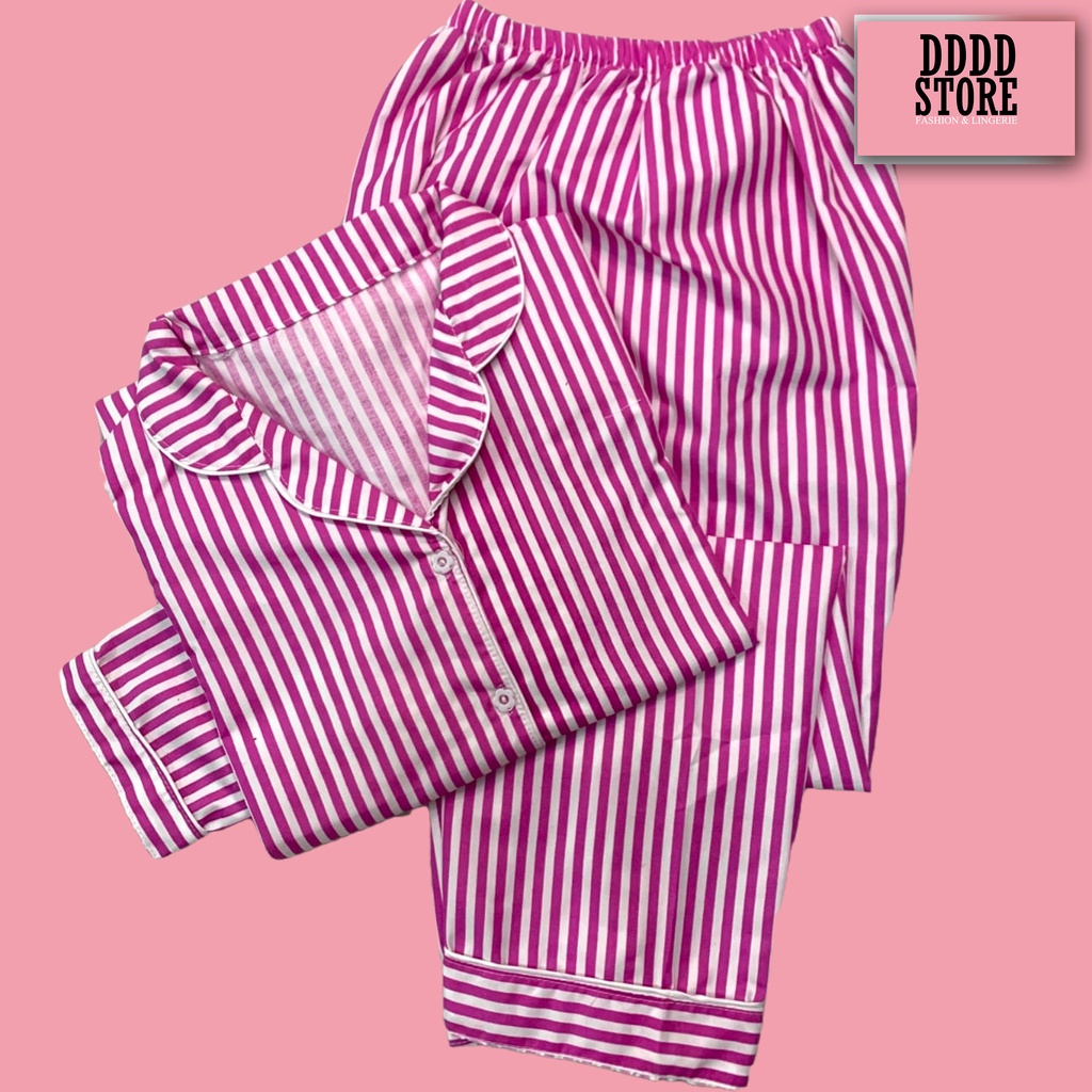 SETELAN PIYAMA / BAJU TIDUR WANITA LENGAN PANJANG MOTIF SALUR KEKINIAN PP