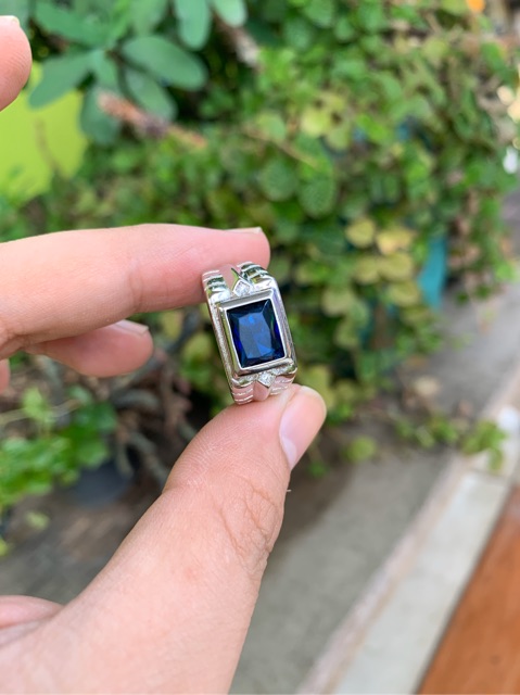 Cincin Pria Perak Blue Saphire Batu Akik Safir Biru Royal Minimalis Elegan