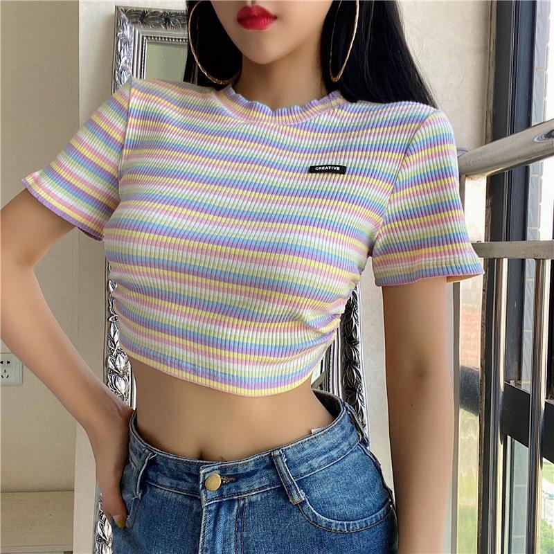 Summer Rainbow Striped Backless Cropped T-Shirt Atasan Wanita 2672 (S/M/L)