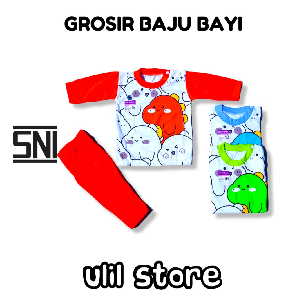 Setelan Baju Bayi Panjang SNI Kancing Pundak Seruni Baby Usia 3-15 Bulan Motif Doodle Dino