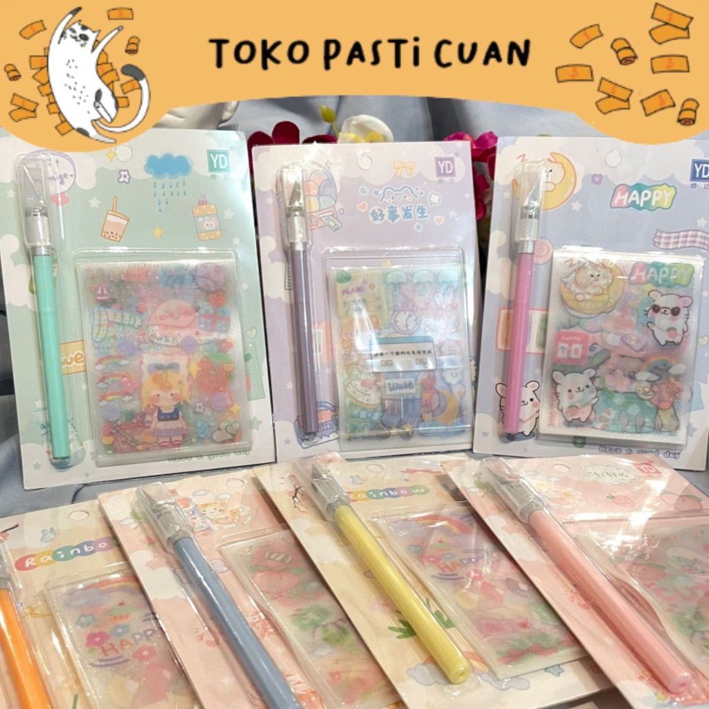 

paket sticker besar karakter cewe dan pisau kode YDXKKD01 solatip lucu imut lakban keren elegan fancy atk imut bisa COD termurah import