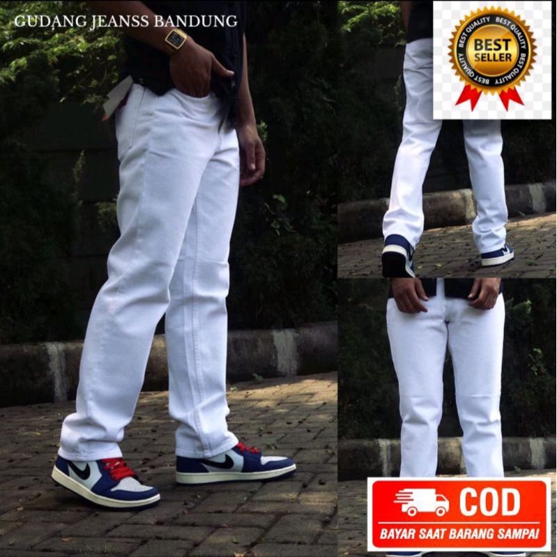 Celana jeans pria warna putih, standard reguler