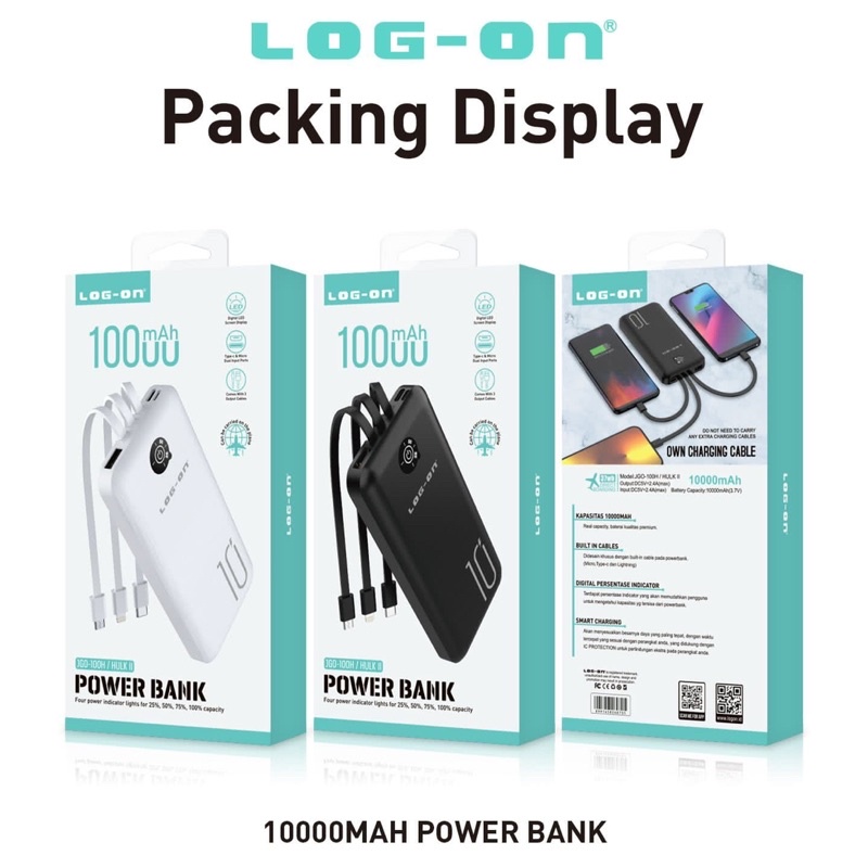 POWERBANK LOG ON 10RB MAH LED DIGITAL JGO-100H / HULK II OWN CHARGING KABEL