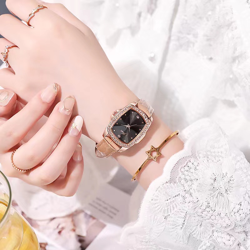 Rowling (Jam-35) Jam Tangan Wanita Kotak Jam Tangan Wanita Quartz Jhui dengan Strap kulit Sintetis Import