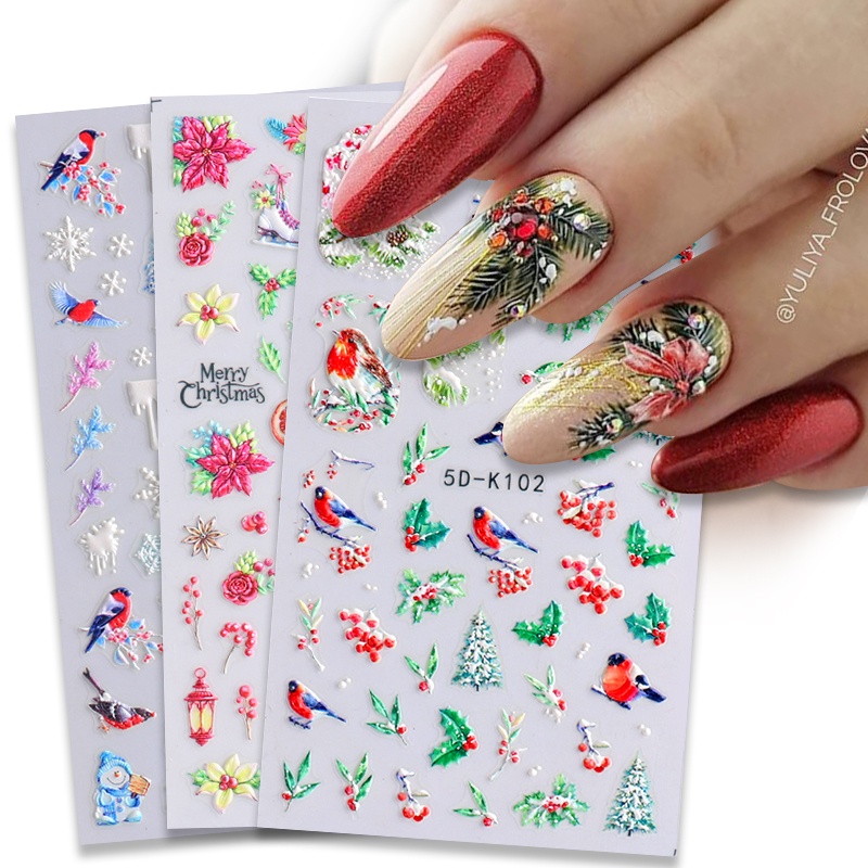 Stiker Kuku Motif Natal / Musim Dingin / Snowflake / Burung / Gingerbread Man 5d Untuk Dekorasi Nail Art