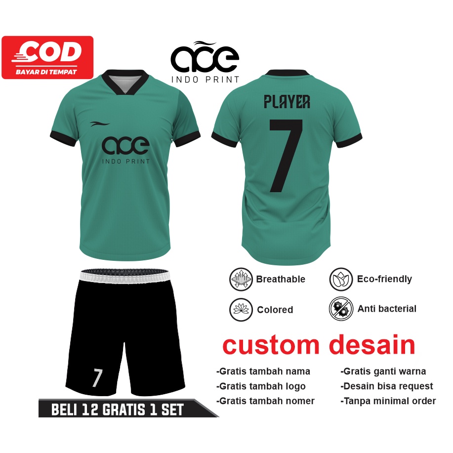 jersey futsal baju futsal bola sepak bola polosan printing hijau custom nama dan logo