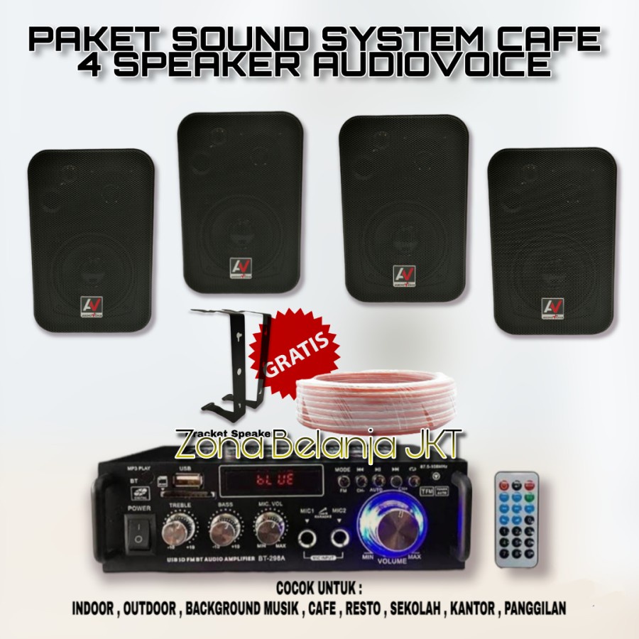 Paket Sound System Indoor Cafe Resto Klinik 4 Speaker Audiovoice Amplifier USB Bluetooth Original (S-2)