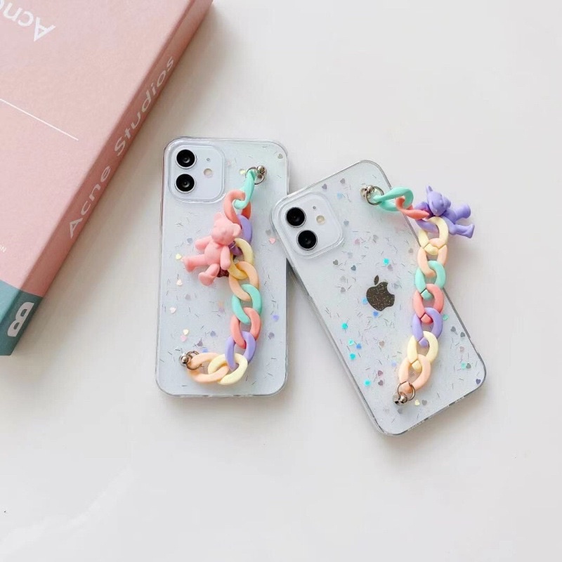 Glittery Case with Grip Pastel Bear ALL PHONE TYPES Iphone Oppo Vivo Xiaomi Samsung Realme 3 4 5 6 7 8 9 10 Redmi Note S21 S20 S22 S10 plus Pro Y33s Y55s A03 A03s A95 V23