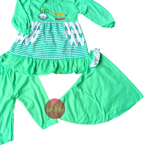 Set Baju Muslimah + Kerudung Anak Usia 3bln-2 Tahun, Gamis Lebaran Bayi Lucu Lembut Murah