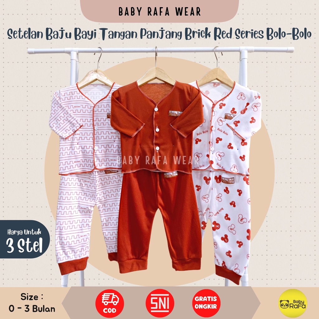 Serian Merah Bata - 3 Stel Setelan Baju Bayi Tangan Panjang Celana Panjang Bayi 0 sd 3 Bulan BRICK RED SERIES merk SNI Bolo - Bolo