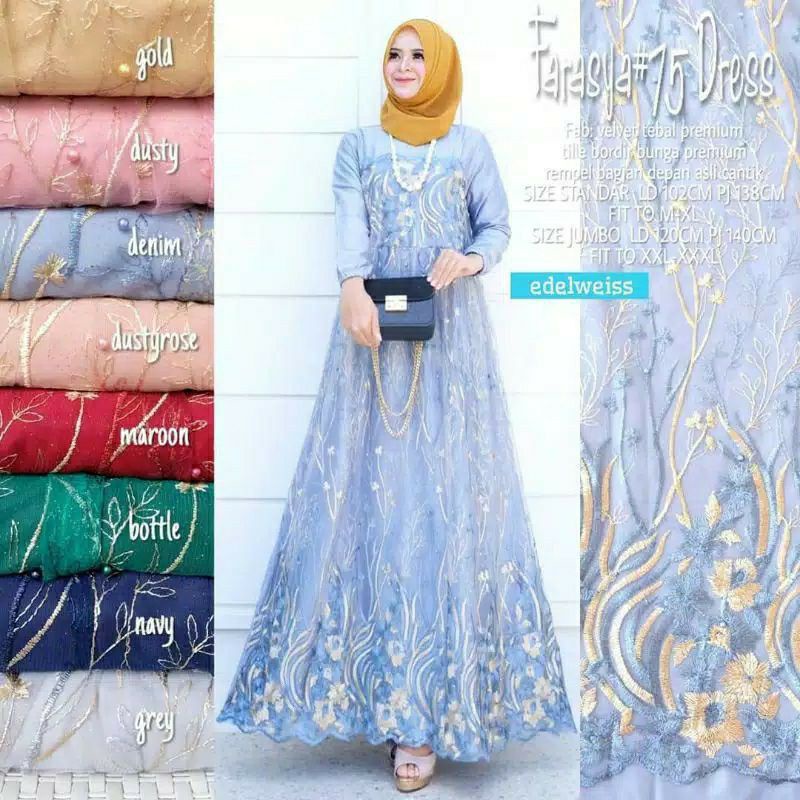 FARASYA (ADA JUMBO) GAMIS BROKAT FARASYA JUMBO  LD 120 DAN STANDAR LD 102 CM GAMIS TILE BORDIR MUTIARA GAMIS PESTA-OCEAN / DENIM