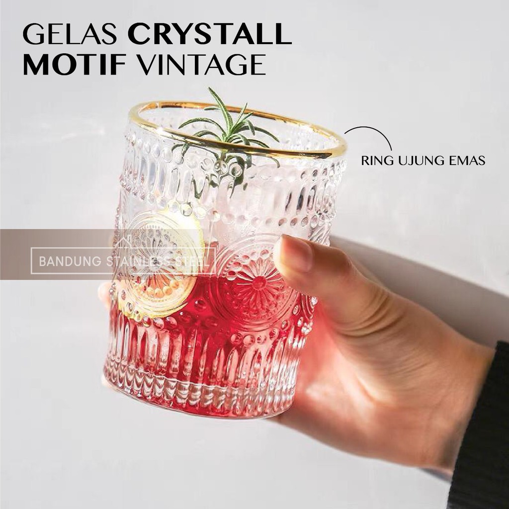 Vintage Retro Gelas Kaca Kristal Gelas Estetik Aesthetic Unik Cantik Drinking Glass motif timbul-260ML RING MAS