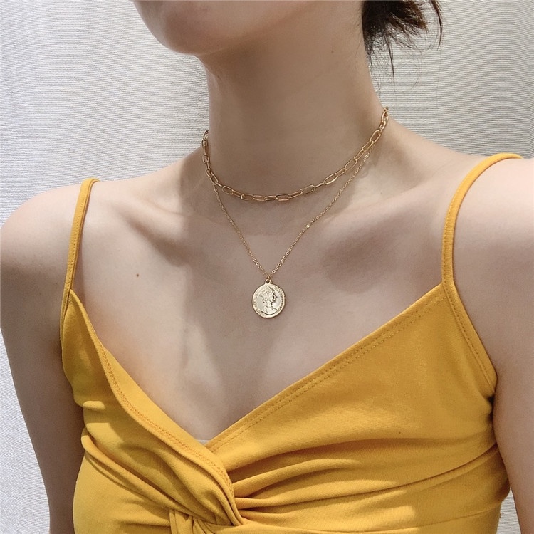 Kalung Rantai CHOKER KOIN II Korea Fashion Gaya Punk Hip Hop Coin Women Necklace Wanita Pria Retro 2 Layers Layer