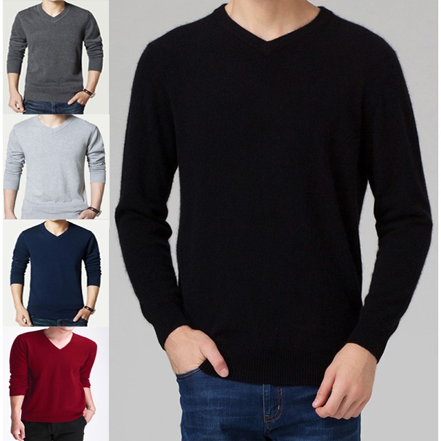 MOST SELLER Simple Sweater Rajut Cowok Polos V-Neck Model Black/ Bahan Premium Tebal
