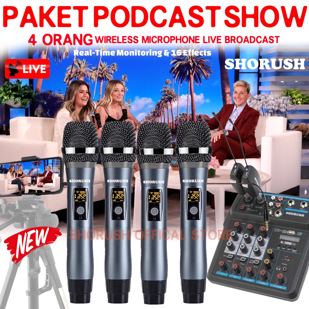 PAKET PODCAST 4 ORANG SHORUSH Mic Microphone Wireless Handheld Vlog Pro Live Streaming HP Kamera Laptop Broadcasting