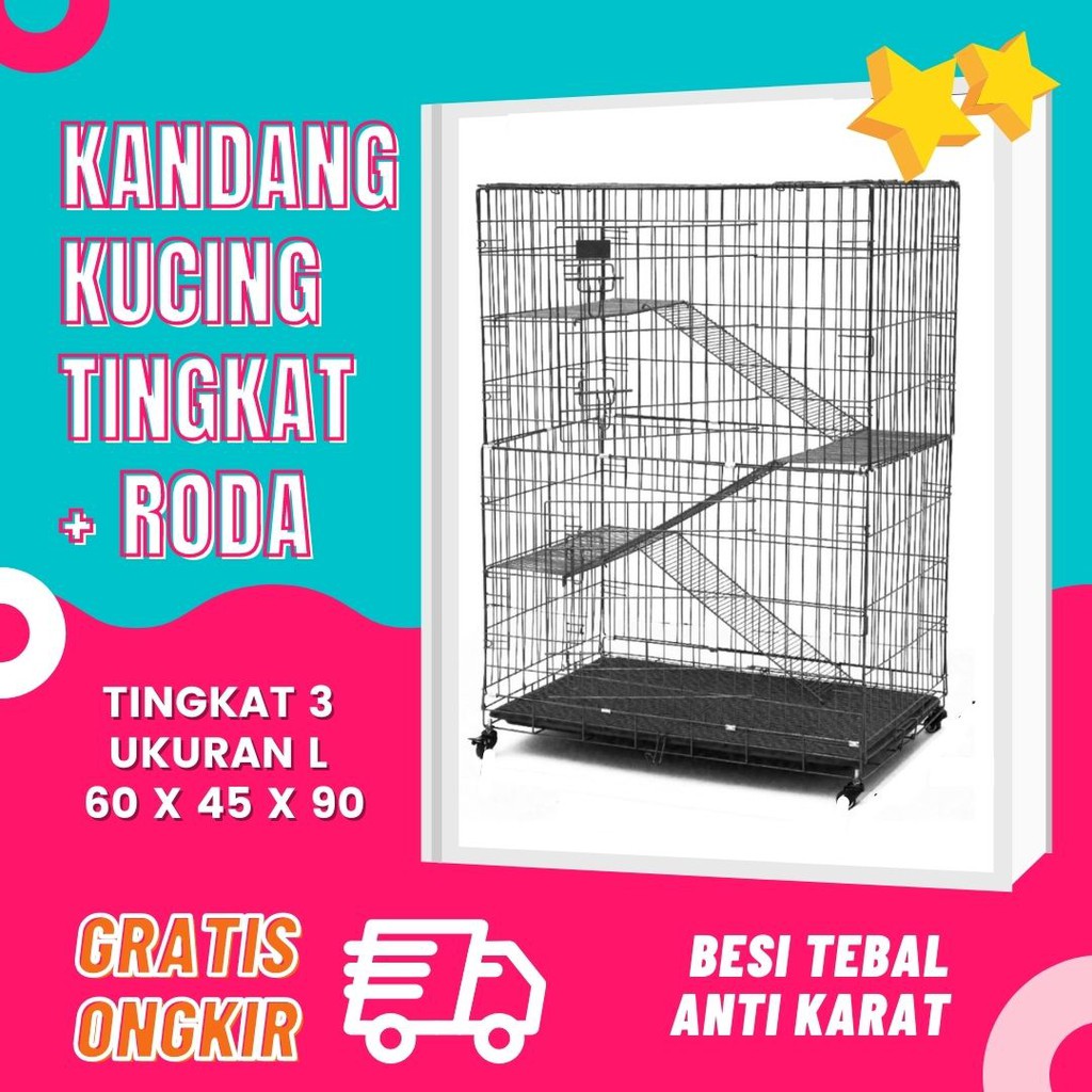 Kandang Kucing Tingkat 3 Size L Ukuran 90x60x45cm  + Roda (Muat 3-4 Ekor Kucing)