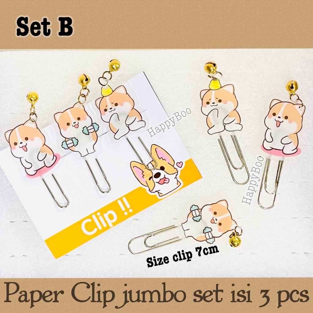 Paper clip jumbo 7cm set 3 pcs doggy lonceng shiba inu lucu cute penjepit klip kertas pembatas buku