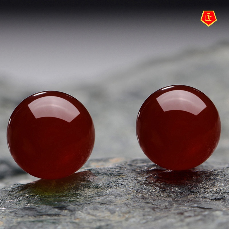 [Ready Stock]Fashion Green Chalcedony Red Agate Ear Studs Female Silver