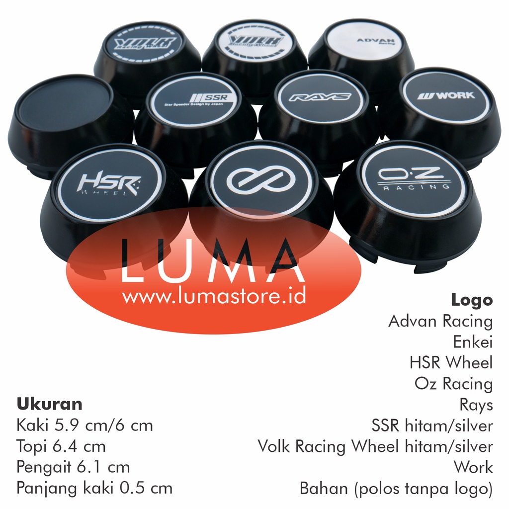 TUTUP DOP VELG KERUCUT KAKI 5.9 CM TOPI 6.4 CM LOGO ADVAN ENKEI HSR OZ RACING RAYS SSR VOLK RACING W