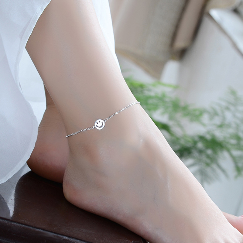 Gelang Kaki Perak Silver Anklets Fashion Jewelry Chain Smile Face Anklet for Women Girls Friend Foot Barefoot Leg Jewelry