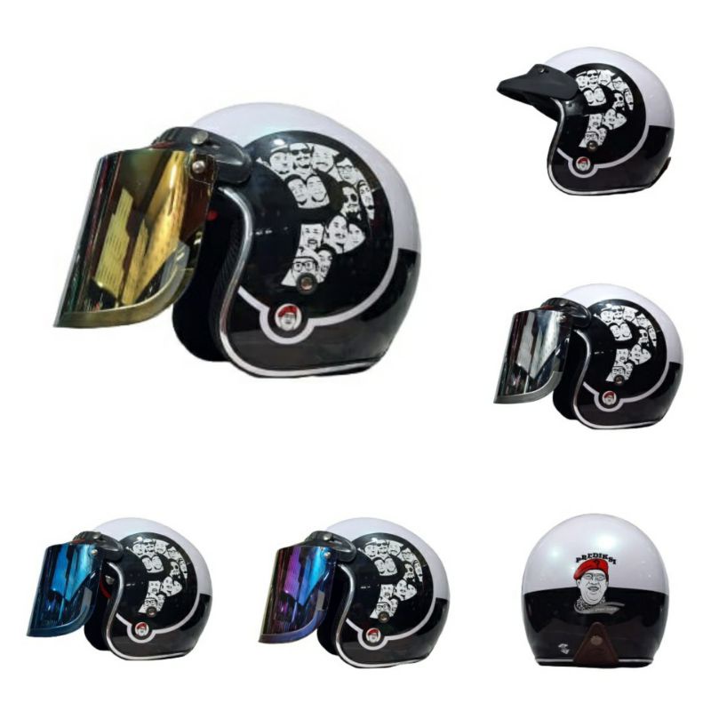 Helm Bogo Retro JPX JP New Bigie Motif Prediksi Wh Bk List Crome Plus Visor