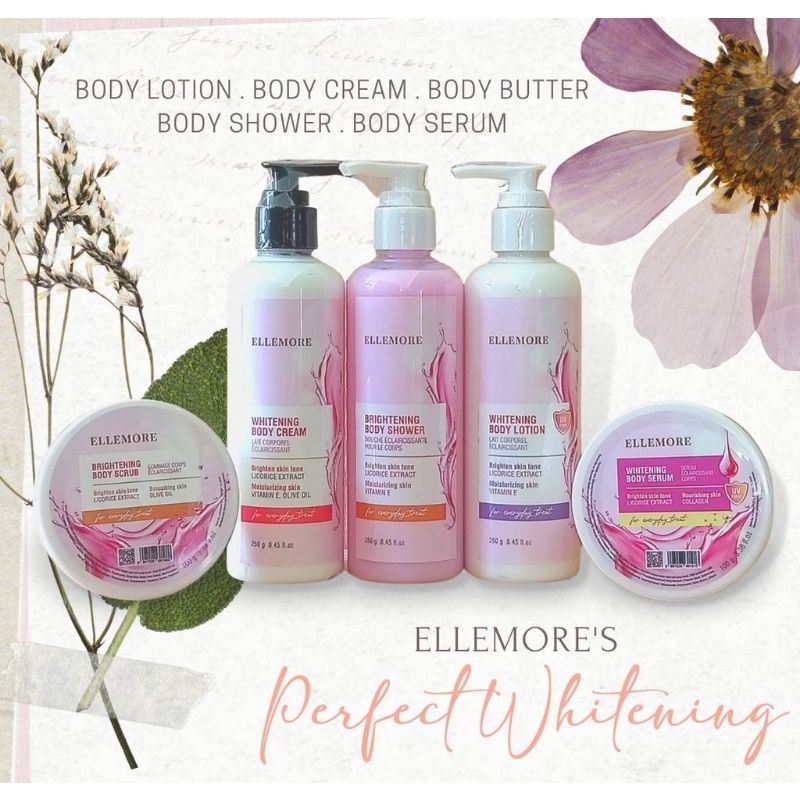 ELLEMORE Body Cream Bleaching Premium BEBAS PARABEN dengan LICORICE EKSTRAK, OLIVE OIL , VITAMIN E . ada Body Lotion dan sabun mandi cair nya juga nya juga