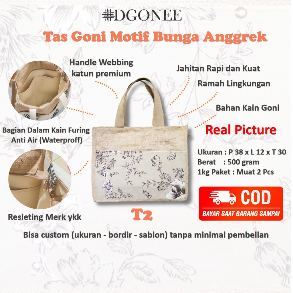 Dgonee T2 Motif Bunga Anggrek Tas Tote Bag Totebag Kain Goni Belanja Kerja Kuliah Wanita Custom