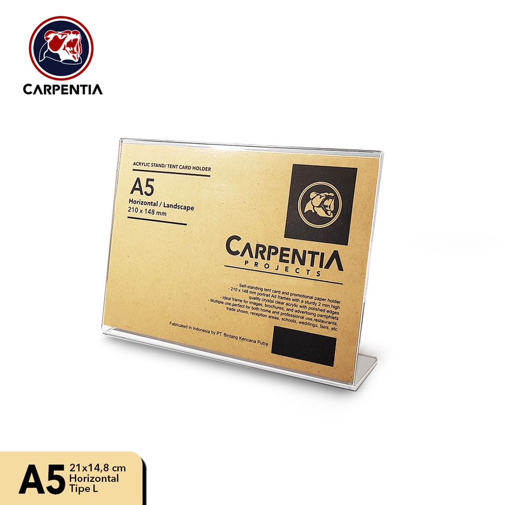 

Carpentia Acrylic Standing Tipe L /A5 Horizontal 21x14,8 cm/ Tent Card Akrilik / Display Brosur, QRIS, Barcode, Menu, Harga, Nomor Meja