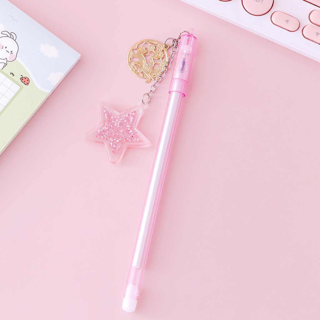 MURMURE.ID | PART 1 PULPEN GEL GANTUNGAN LUCU KARAKTER DENGAN SEQUIN GLITTER BOLPOIN LUCU UNIK PN087-GLDSTR-PINK