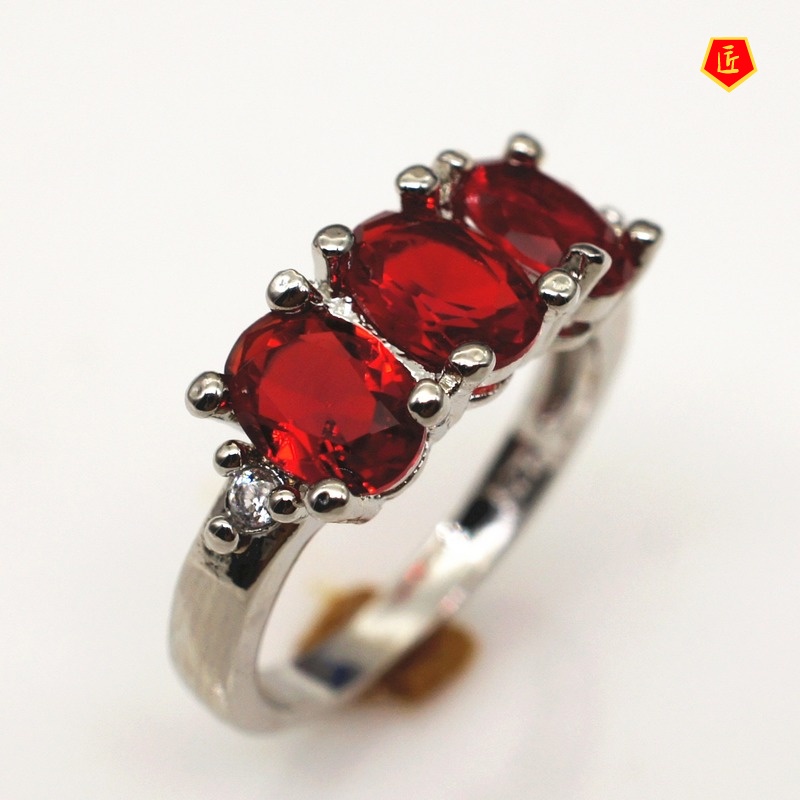 [Ready Stock]Fashion Simple 925 Silver Three Ruby Ring