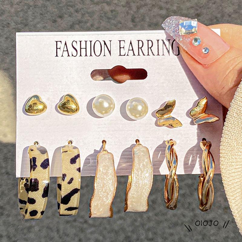 6 Pair/set Fashion Pearl Anting Leopard Print Bentuk Bulat Anting-Anting Pantai Perhiasan Aksesoris Wanita - ol