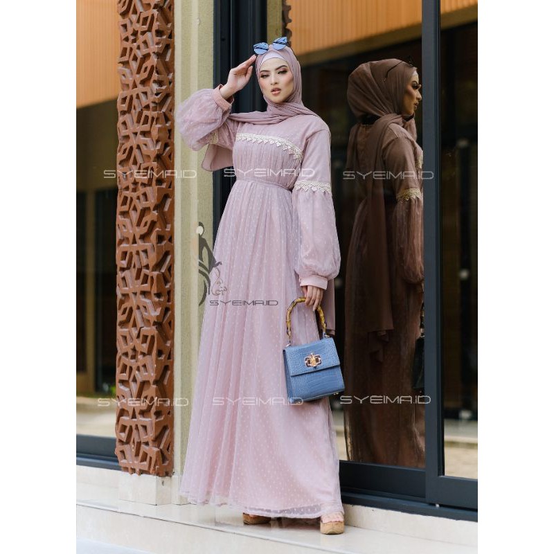 Daneen Dress Soft Moca BY SYEIMA.ID Gamis Lengan Balon Tile Baju Kondangan Pakaian Muslim Wanita Dre