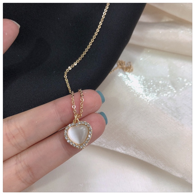 Korean Elegant Opal Necklace Crystal Heart Shape Lovely Chain Women Fashion Jewelry Accessories