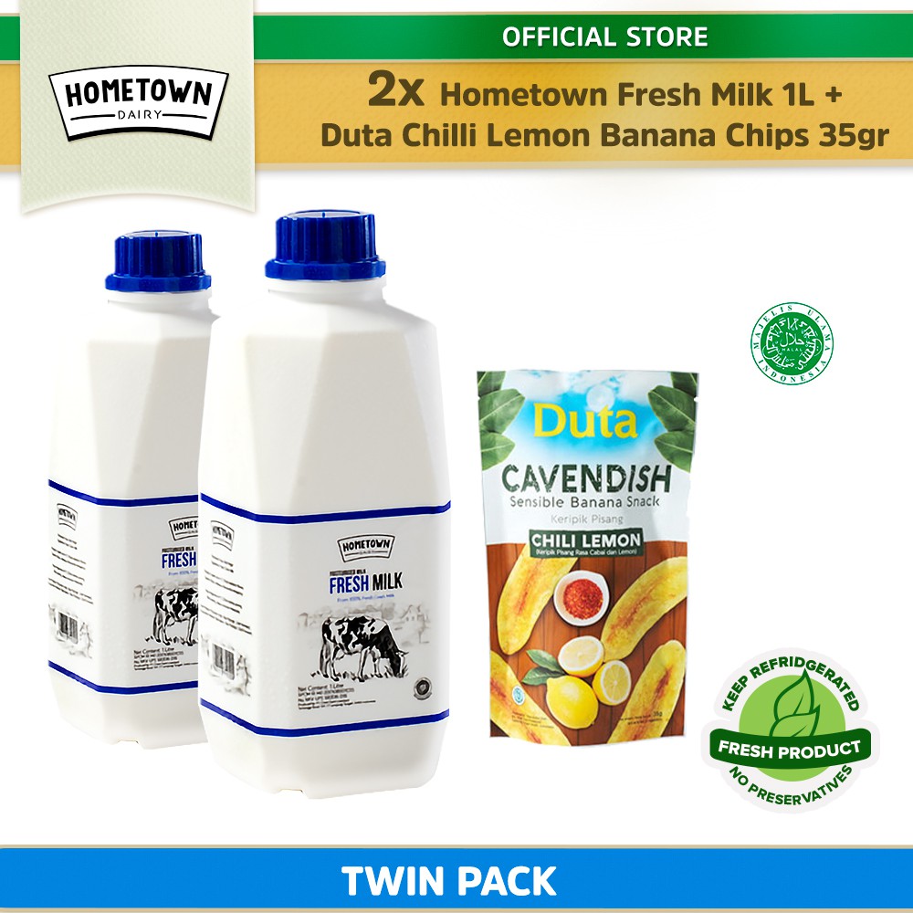 

Hometown Fresh Milk Susu Segar 1L (ISI 2 BOTOL) - Twin Pack + Duta Chili Lemon Banana Chips 35g