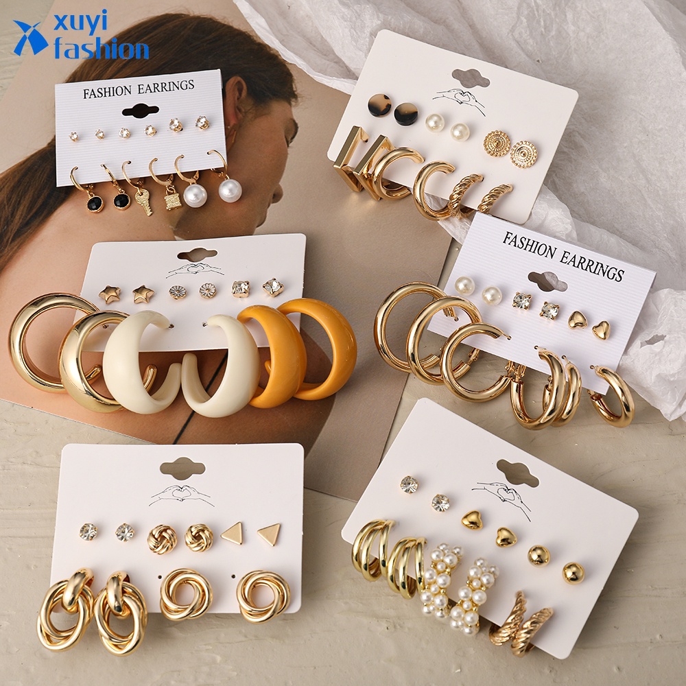 12Pcs/set Retro Pearl Butterfly Stud Earring Set Fashion Lock Gold Earring Women Jewelry Accessories Gift