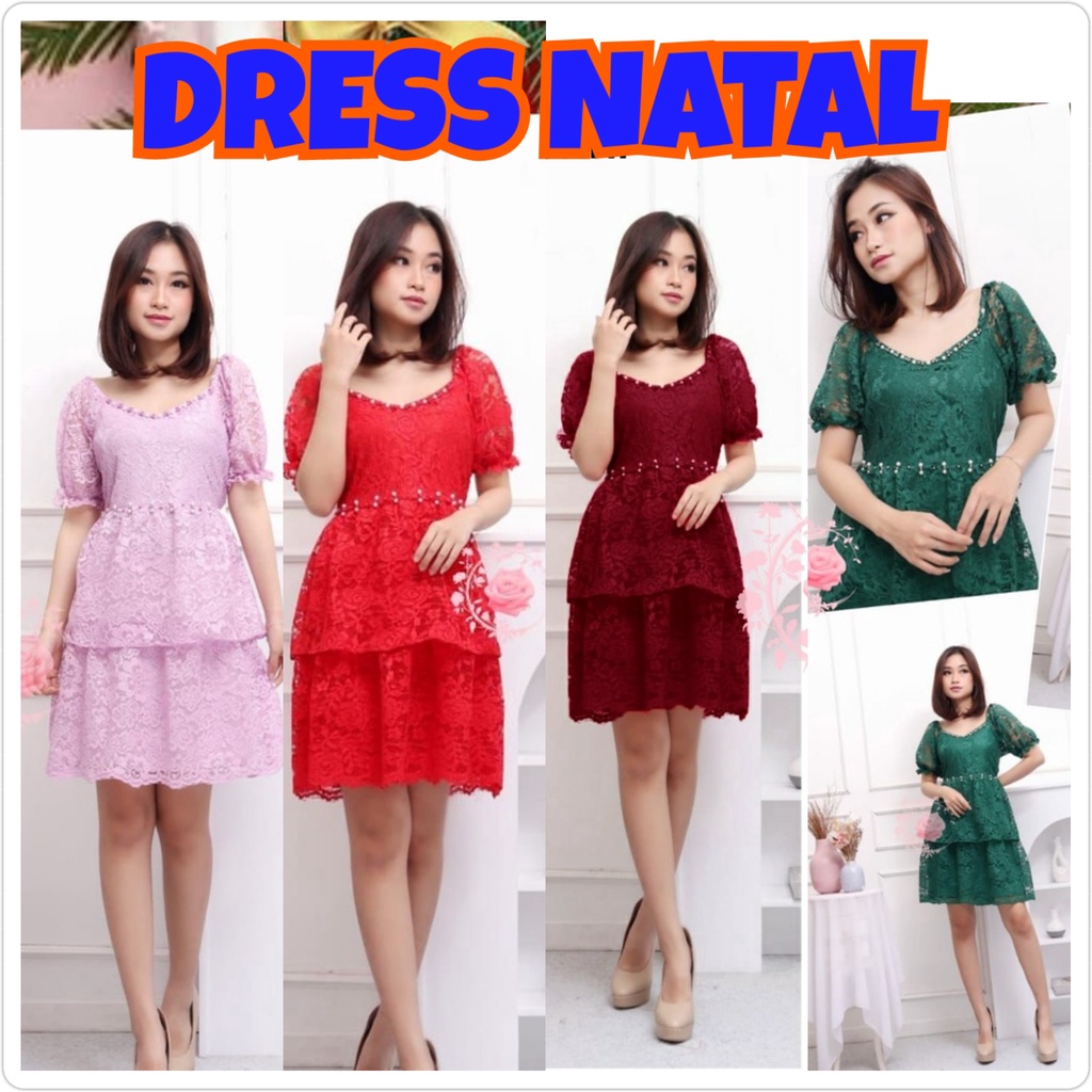 Dress BRUKAT pesta VONNI GAUN NATAL Brukat Tulang Glitter Premium kombi Mutiara Tembak Model Layer Tingkat REAL PIC Terbaru