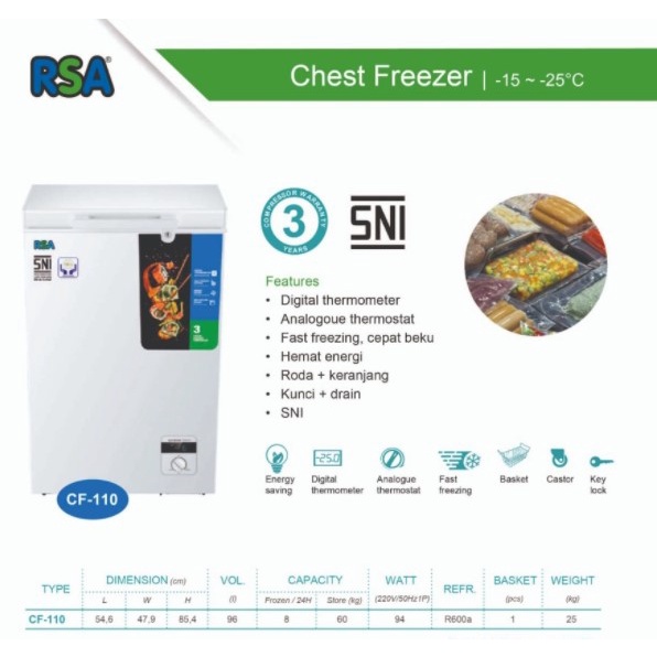 RSA Chest Freezer 100 Liter Box Freezer CF 110 CF-110 Cooler Box CF110