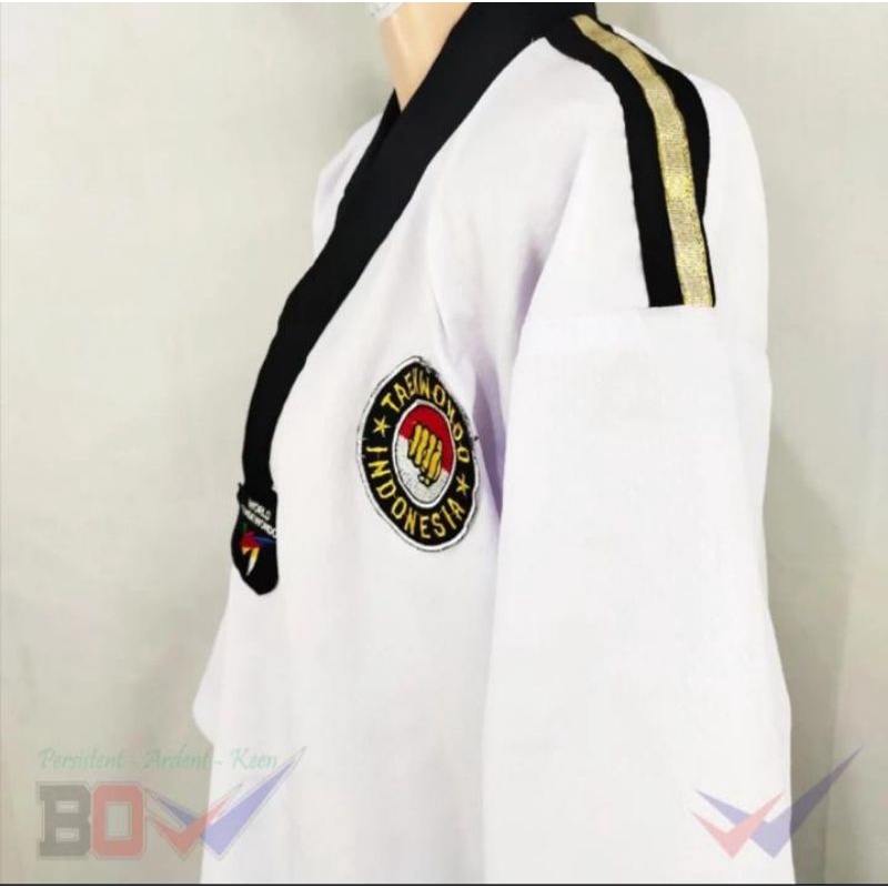 Dobok Seragam Taekwondo Baju Kerah Hitam List Gold BOW