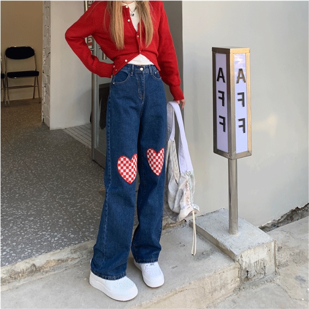 Korean Style Import Biru tua denim lurus high waist longgar celana jeans panjang wanita