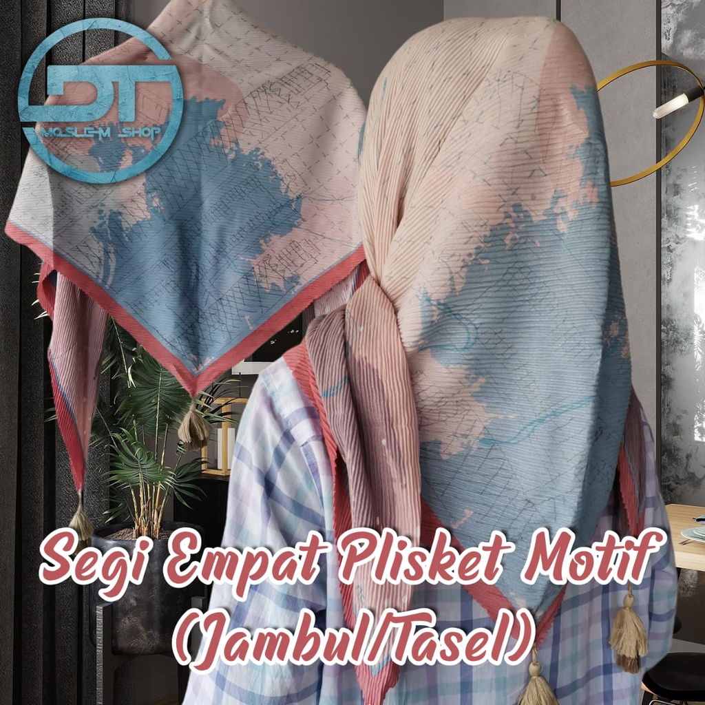 Hijab Plisket Segi 4 Terbaru Lasercut / Kerudung Plisket Segi Empat Jambul Pompom / Plisket Segiempa