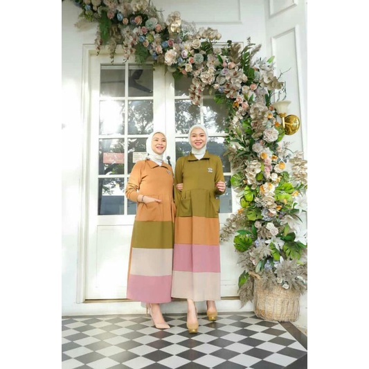 Bella Midi dress kombinasi cewe muslim warna hijau army kombinasi bahan Kaos hanover fashion keren n