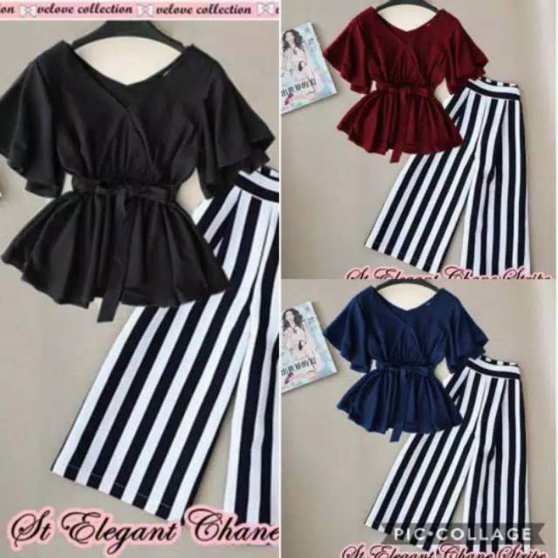 0Set elegant ch stripe stelan fashion korea baju kekinian stelan murah / Baju stelan wanita