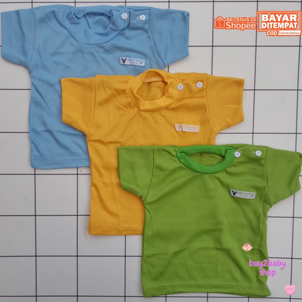 Kaos oblong bayi lengan pendek Cico Miko Warna Polos bayi usia 0-2 Tahun 3 PCS