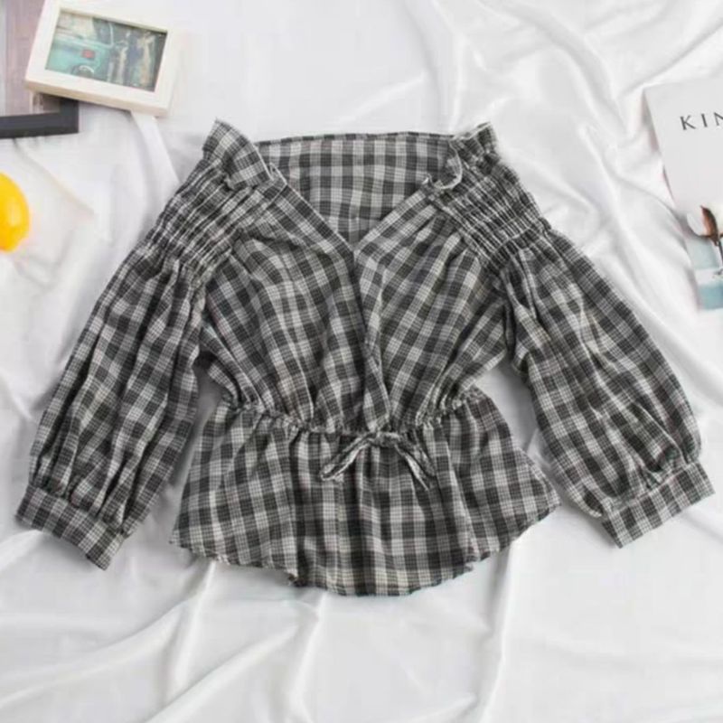 MDLV ~ 8289 PLAID ELASTIC WAIST PEPLUM TOP // ATASAN SABRINA LENGAN PANJANG // FASHION IMPORT WANITA